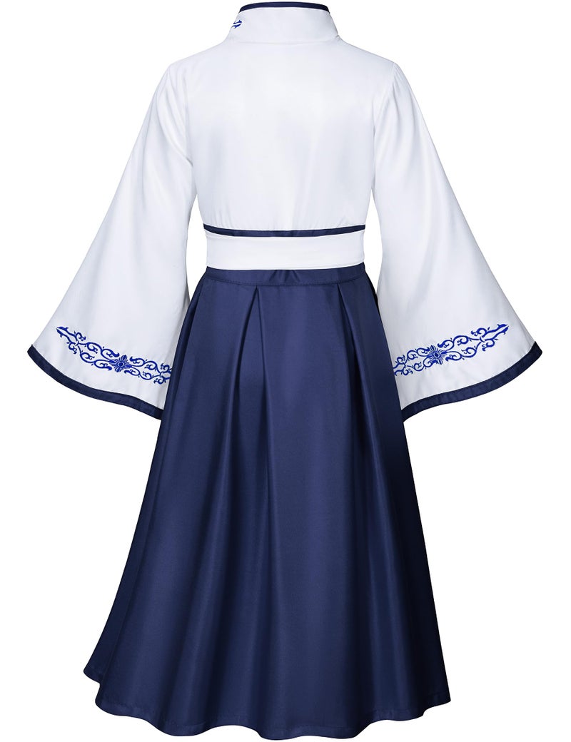 Elibelle Asian Traditional Dress Kimono Robe for Kids Girls Costume Silk Folding Fans hairstick Cosplay(White Navy140cm - Image 3